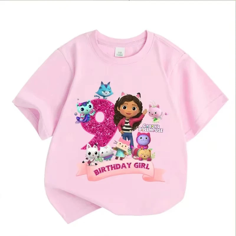 T-shirt d'anniversaire Gabbys Dollhouses pour filles, blanc et rose, à manches courtes, en coton, décontracté, pour l'été, fournitures de fête