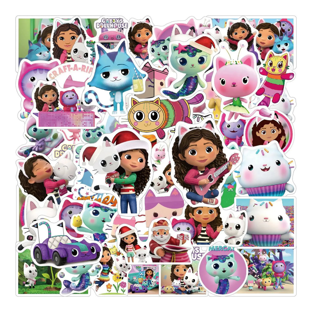 Autocollants de décoration de maison de poupée Gabby, 10 pièces/30 pièces/50 pièces, dessin animé, fournitures de fête d'anniversaire, cadeaux pour enfants garçons et filles, DIY bricolage