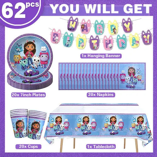Décoration d'anniversaire Gabby, thème Gabby Dollhouse, vaisselle, assiette, tasse, serviette, nappe, ballon, bannière, toile de fond, fournitures pour fête d'enfants