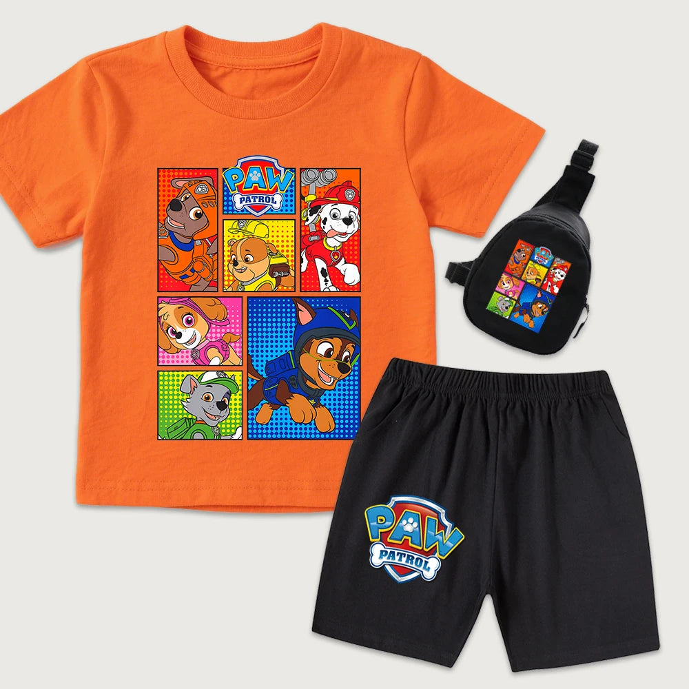 Ensemble t-shirt et short en coton imprimé dessin animé PAW Patrol pour garçons et filles avec mini sac banane, vêtements d'été pour enfants