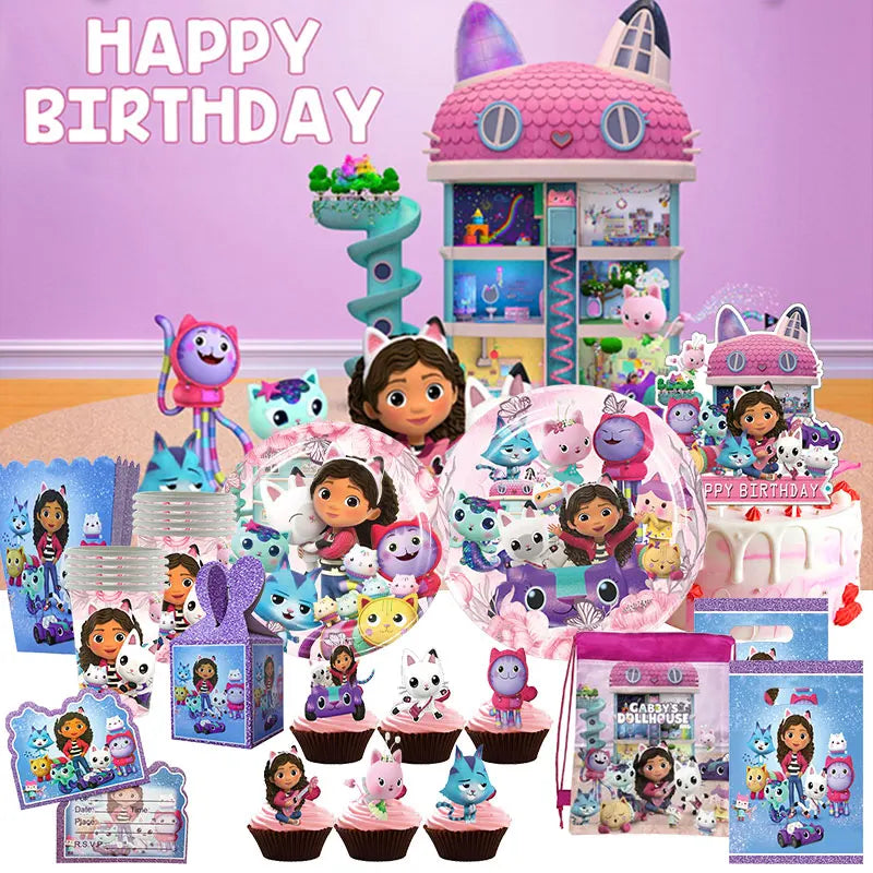 Articles de fête d'anniversaire Gabby Dollhouse Cat : Bannière, ballons, décor de fond, décoration de gâteau, sacs cadeaux, boîtes à bonbons