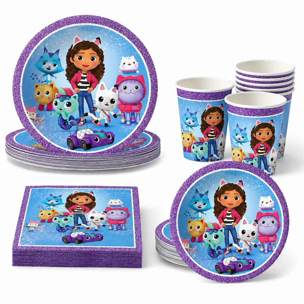 Vaisselle d'anniversaire Gabby Dollhouse, assiette, gobelet et serviette en papier à motif de chat de dessin animé pour les filles, décoration de fête d'anniversaire pour enfants
