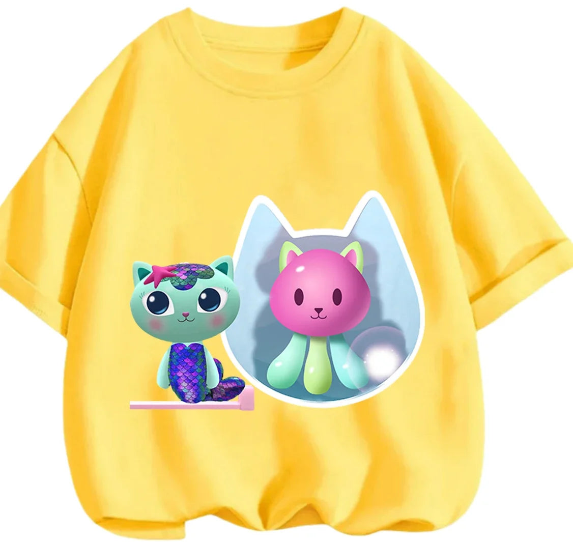 Gabby's Dollhouse T-shirt décontracté d'été à col rond avec imprimé de dessin animé mignon pour enfants de 3 à 14 ans