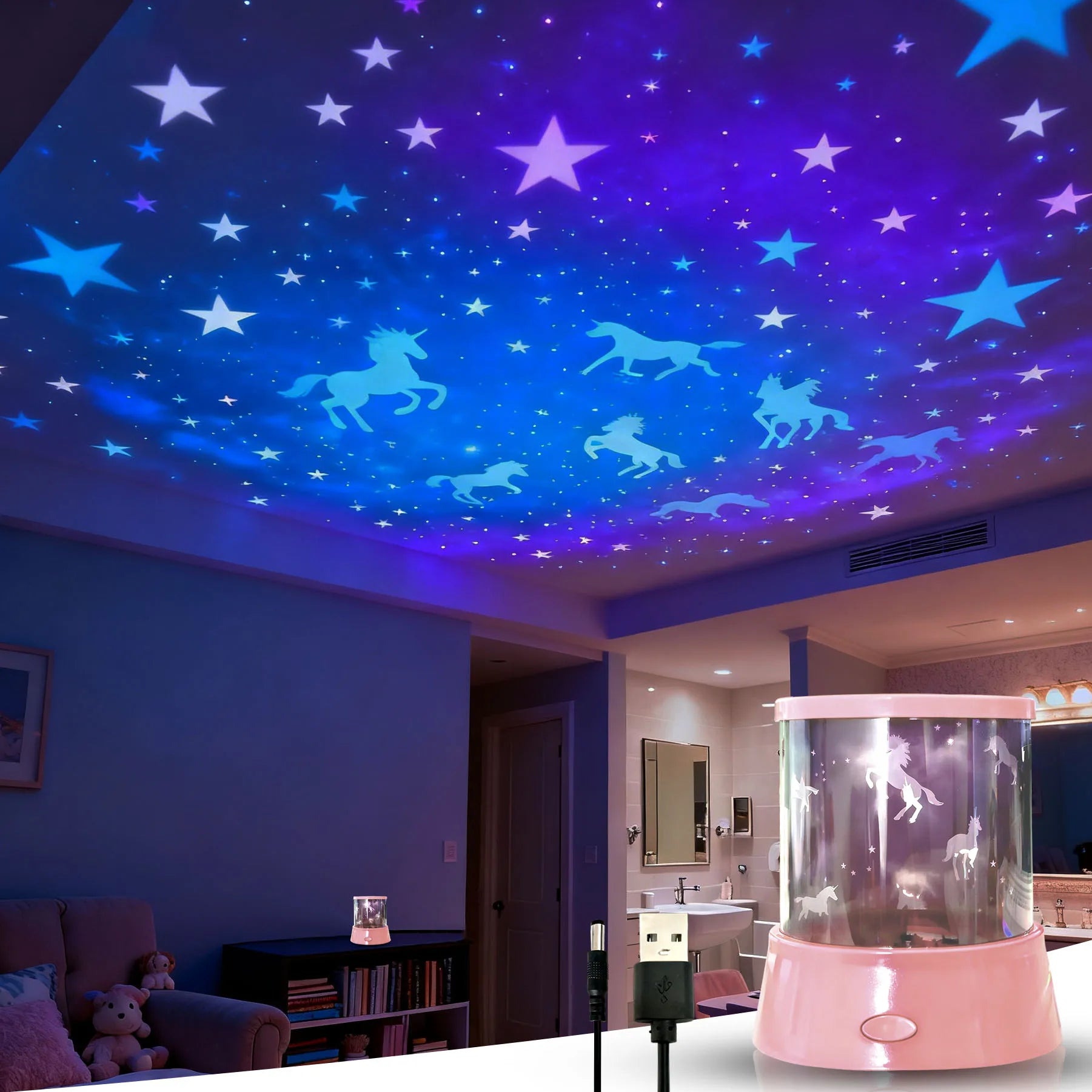 Projecteur Licorne & Étoiles LED 360° – Veilleuse Rotative Ciel Étoilé pour Chambre Bébé et Enfant