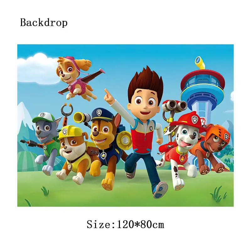 Ensemble de fournitures de fête d'anniversaire Paw Patrol, ballons, toile de fond, assiettes, gobelets, décorations de gâteaux, autocollants Paw Patrol, bannière, cadeaux de fête