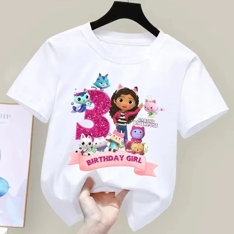 T-shirt d'anniversaire Gabbys Dollhouses pour filles, blanc et rose, à manches courtes, en coton, décontracté, pour l'été, fournitures de fête