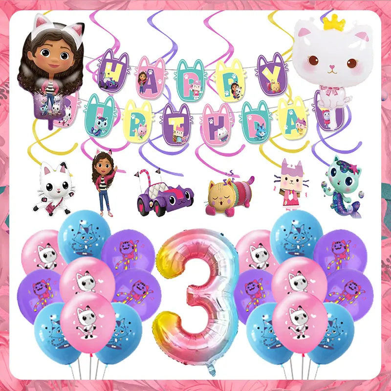 Articles de fête d'anniversaire Gabby Dollhouse Cat : Bannière, ballons, décor de fond, décoration de gâteau, sacs cadeaux, boîtes à bonbons