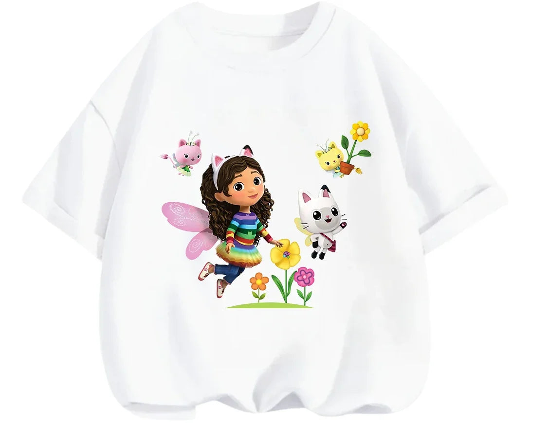Gabby's Dollhouse T-shirt décontracté d'été à col rond avec imprimé de dessin animé mignon pour enfants de 3 à 14 ans