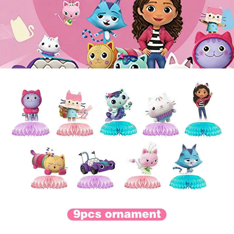 Articles de fête d'anniversaire Gabby Dollhouse Cat : Bannière, ballons, décor de fond, décoration de gâteau, sacs cadeaux, boîtes à bonbons