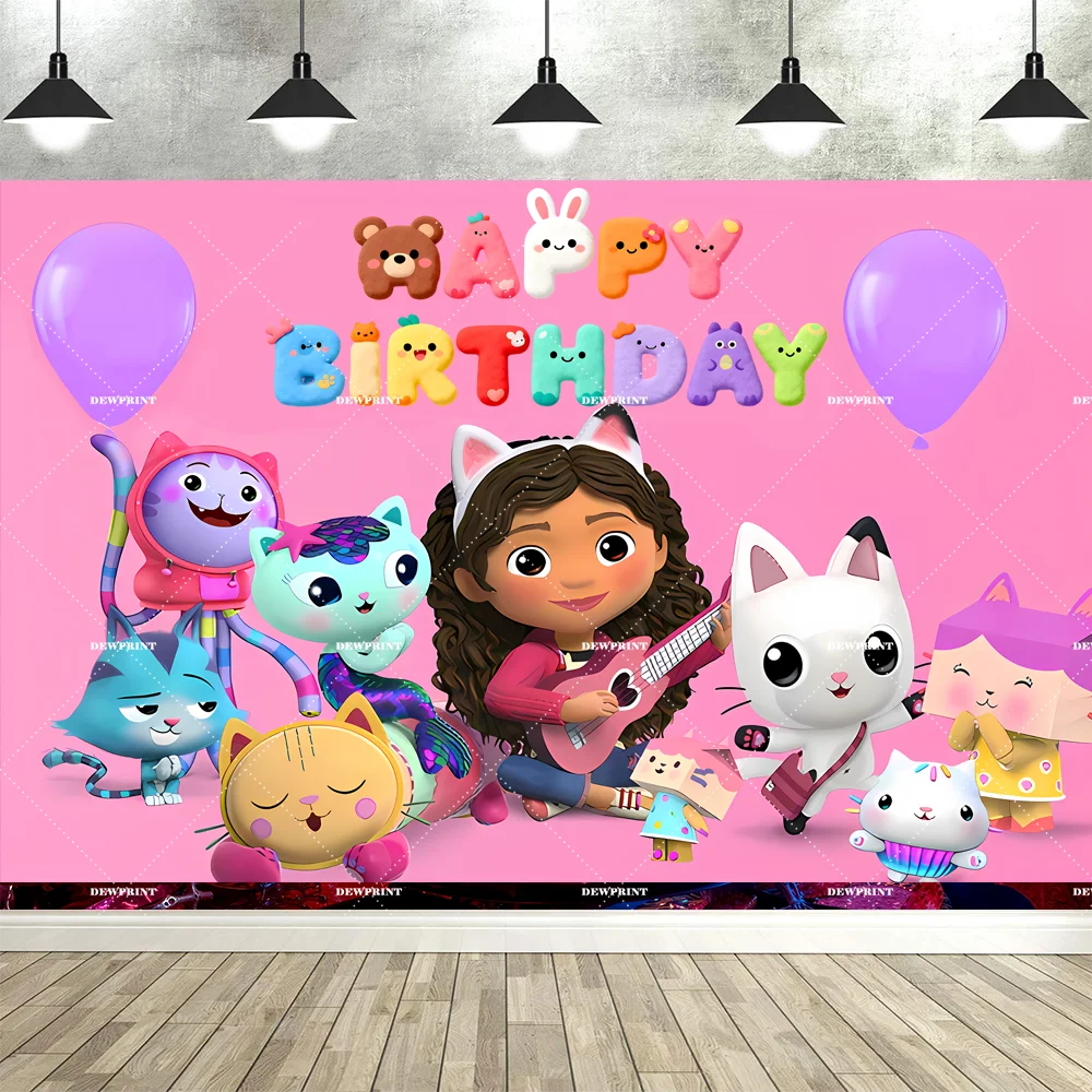 Bannière de fond d'anniversaire Gabby en dessin animé mignon, accessoires de décoration pour fête d'enfants, toile de fond photo, fournitures de photographie