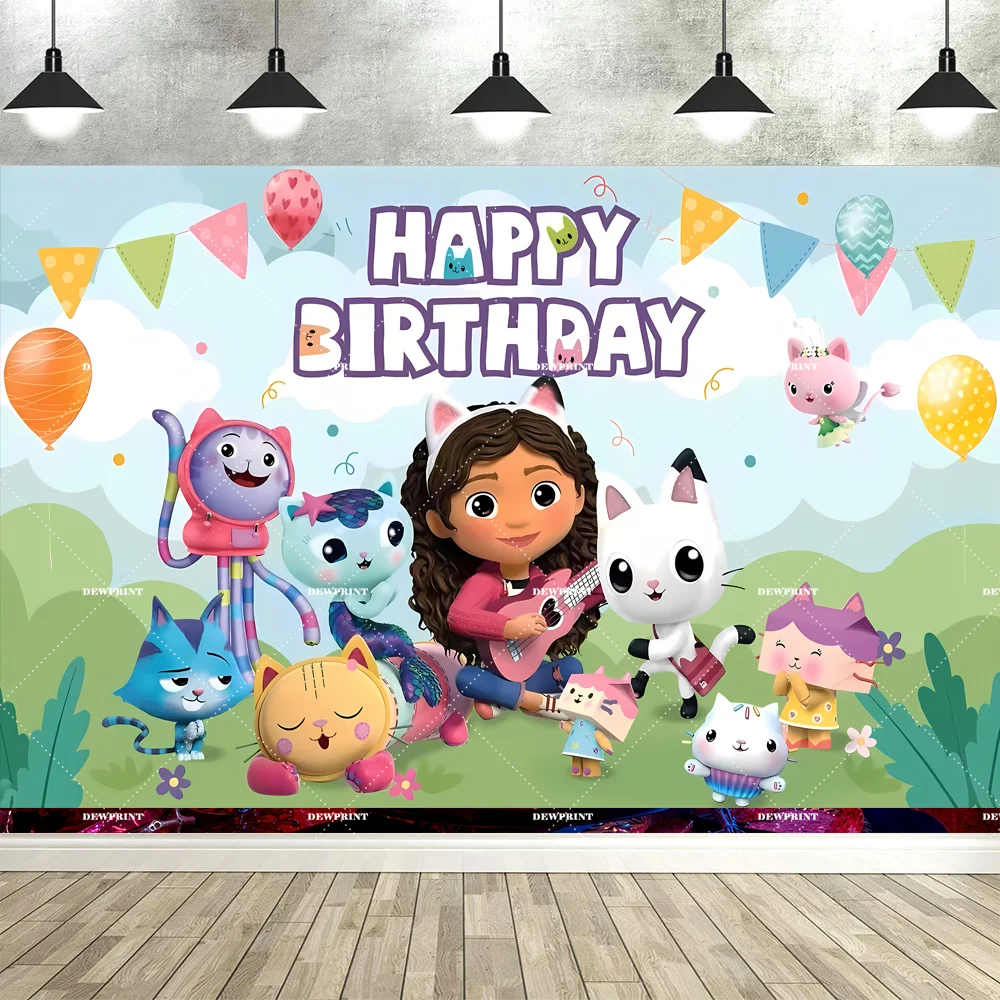 Bannière de fond d'anniversaire Gabby en dessin animé mignon, accessoires de décoration pour fête d'enfants, toile de fond photo, fournitures de photographie
