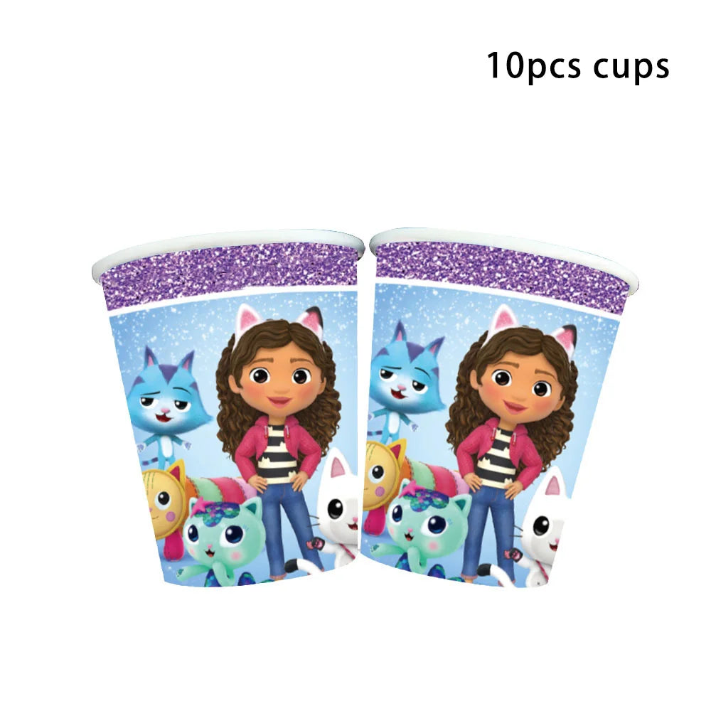 Vaisselle d'anniversaire Gabby Dollhouse, assiette, gobelet et serviette en papier à motif de chat de dessin animé pour les filles, décoration de fête d'anniversaire pour enfants