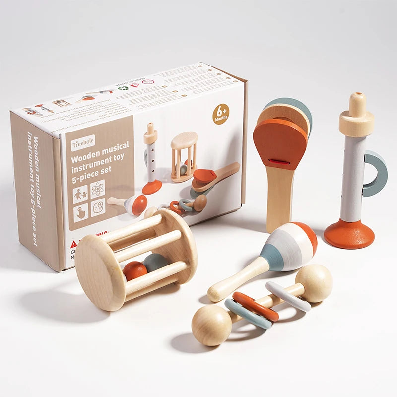 5 pièces bébé Instruments de musique hochet sensoriel jouets déSet de 5 Instruments de Musique Montessori en Bois – Jouets Sensoriels et Éducatifs pour Enfants