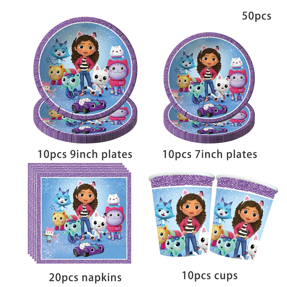 Vaisselle d'anniversaire Gabby Dollhouse, assiette, gobelet et serviette en papier à motif de chat de dessin animé pour les filles, décoration de fête d'anniversaire pour enfants