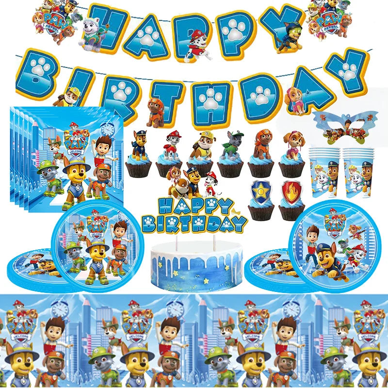 Ensemble de fournitures de fête d'anniversaire Paw Patrol, ballons, toile de fond, assiettes, gobelets, décorations de gâteaux, autocollants Paw Patrol, bannière, cadeaux de fête