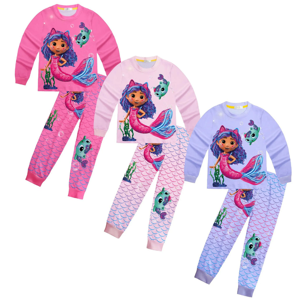 2025Gabby DollHouse filles vêtements dessin animé imprimé pyjamas mignon sirène Gabby's t-shirt pantalon ensemble enfant en bas âge Homewear enfants Anime tenue
