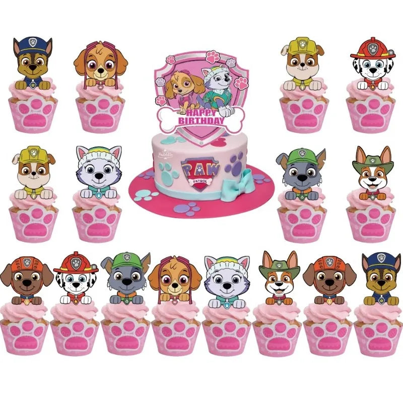 Décoration de fête d'anniversaire Paw Patrol rose, 17 pièces, carte de gâteau de patrouille de chiot, fruits enfichables, fournitures de fête d'anniversaire, jouets pour enfants