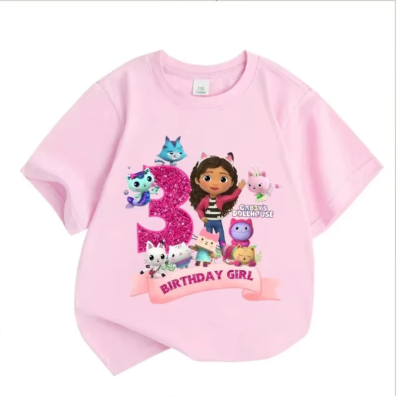 T-shirt d'anniversaire Gabbys Dollhouses pour filles, blanc et rose, à manches courtes, en coton, décontracté, pour l'été, fournitures de fête
