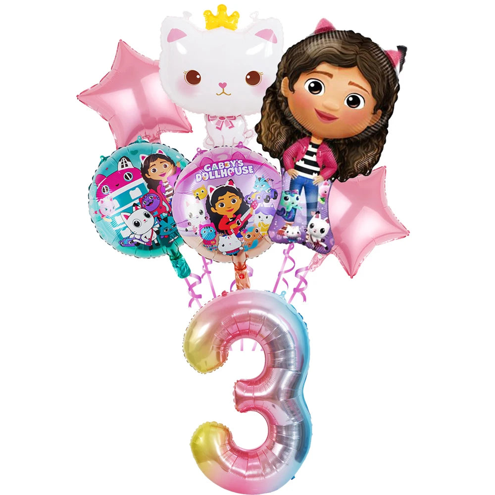 Ensemble de ballons numérotés Gabby Dollhouse Cats, décoration de fête d'anniversaire pour enfants, ballons en latex et aluminium, cadeau jouet pour fille Gabby's Doll