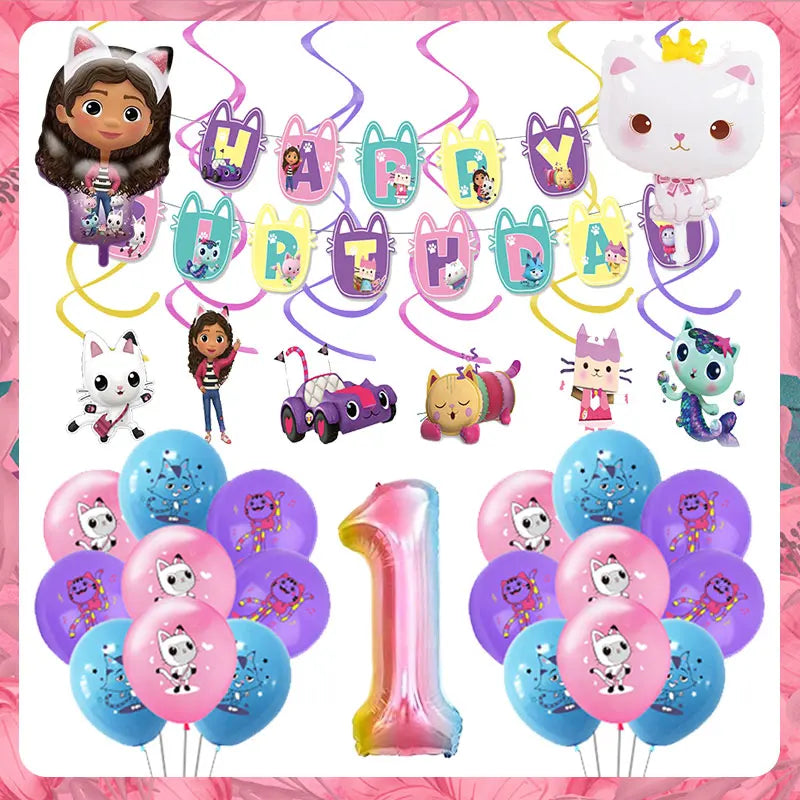 Articles de fête d'anniversaire Gabby Dollhouse Cat : Bannière, ballons, décor de fond, décoration de gâteau, sacs cadeaux, boîtes à bonbons