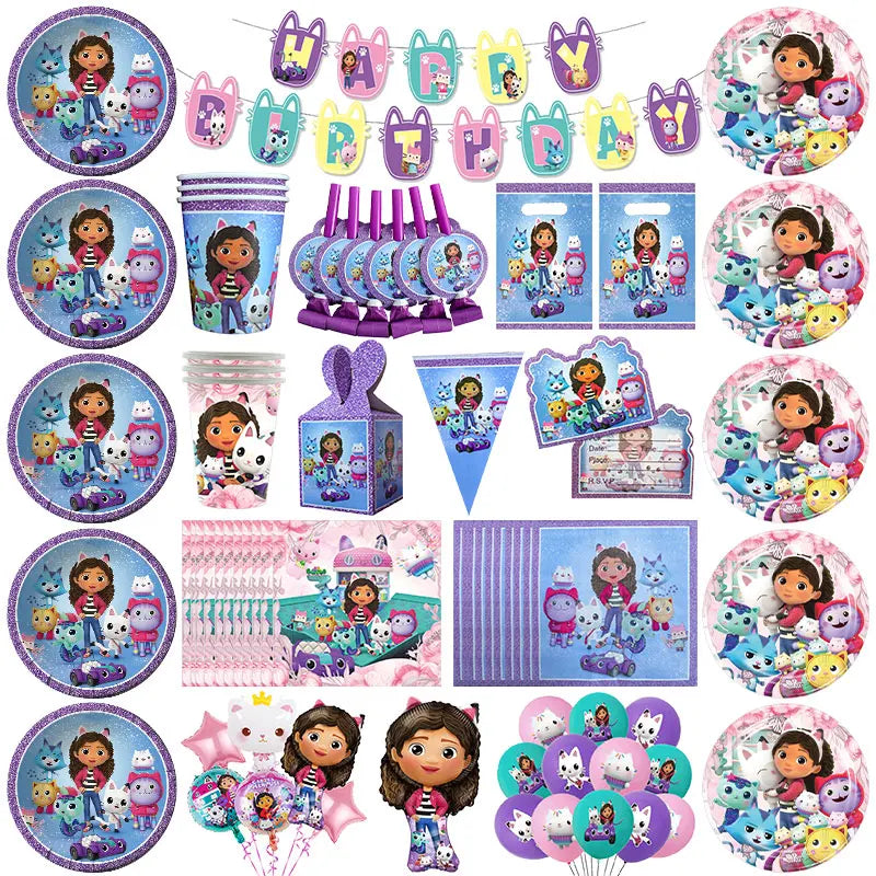 Décoration d'anniversaire Gabby, thème Gabby Dollhouse, vaisselle, assiette, tasse, serviette, nappe, ballon, bannière, toile de fond, fournitures pour fête d'enfants