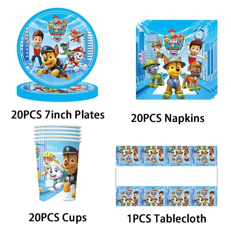 Ensemble de fournitures de fête d'anniversaire Paw Patrol, ballons, toile de fond, assiettes, gobelets, décorations de gâteaux, autocollants Paw Patrol, bannière, cadeaux de fête