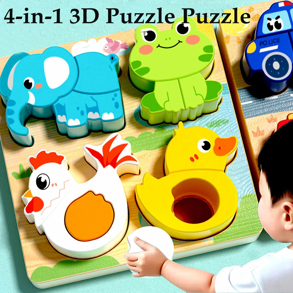Puzzle 3D Montessori en Bois 4 en 1 – Animaux Colorés pour l'Éveil et l'Apprentissage
