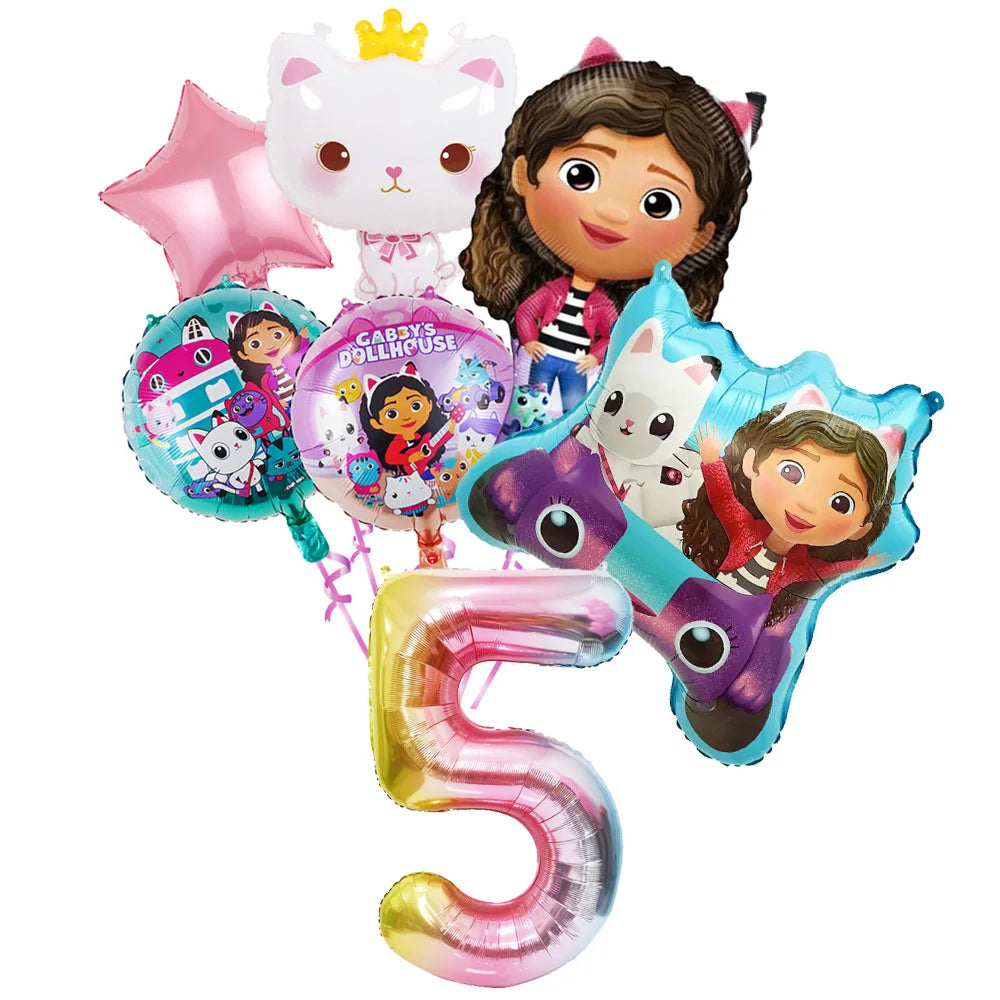Ensemble de ballons numérotés Gabby Dollhouse Cats, décoration de fête d'anniversaire pour enfants, ballons en latex et aluminium, cadeau jouet pour fille Gabby's Doll