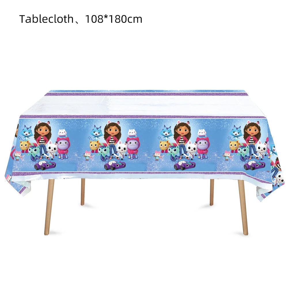 Décoration d'anniversaire Gabby, thème Gabby Dollhouse, vaisselle, assiette, tasse, serviette, nappe, ballon, bannière, toile de fond, fournitures pour fête d'enfants