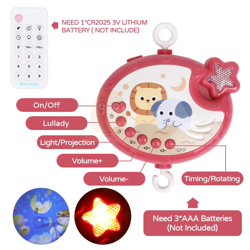 Mobile Musical pour Lit Bébé avec Projecteur Rotatif – Veilleuse, Berceuses et Hochet d'Éveil 0 à 12 Mois
