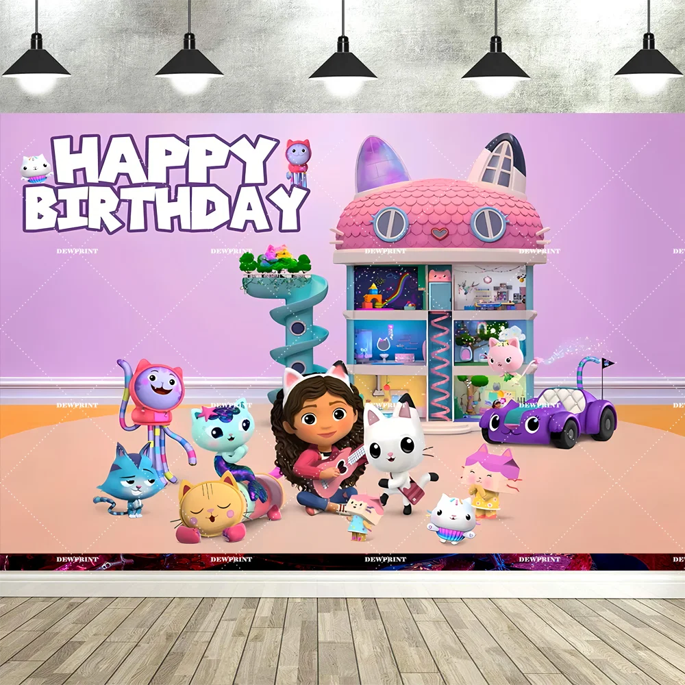 Bannière de fond d'anniversaire Gabby en dessin animé mignon, accessoires de décoration pour fête d'enfants, toile de fond photo, fournitures de photographie
