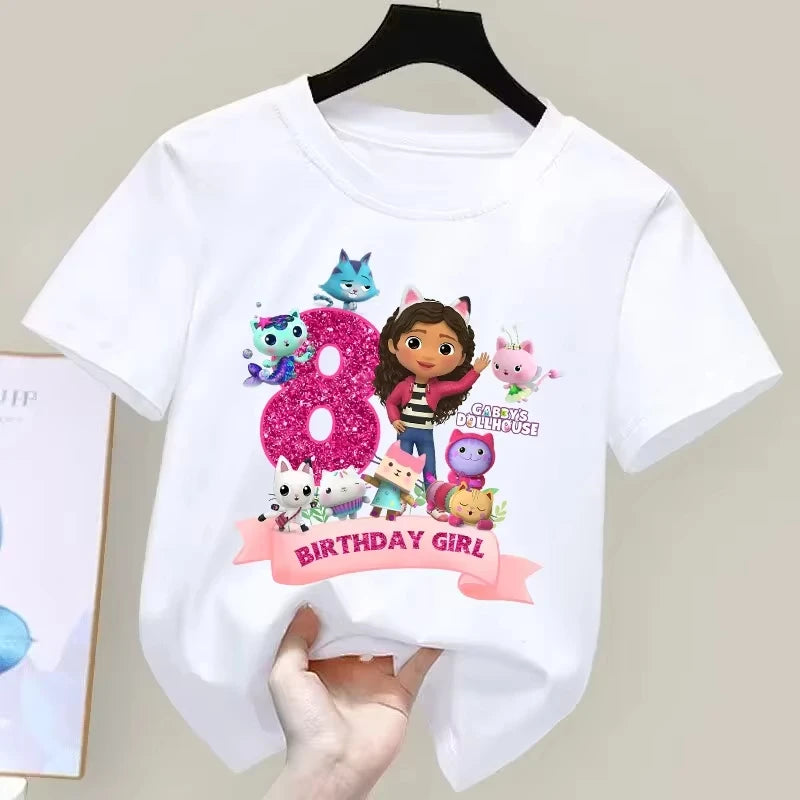 T-shirt d'anniversaire Gabbys Dollhouses pour filles, blanc et rose, à manches courtes, en coton, décontracté, pour l'été, fournitures de fête