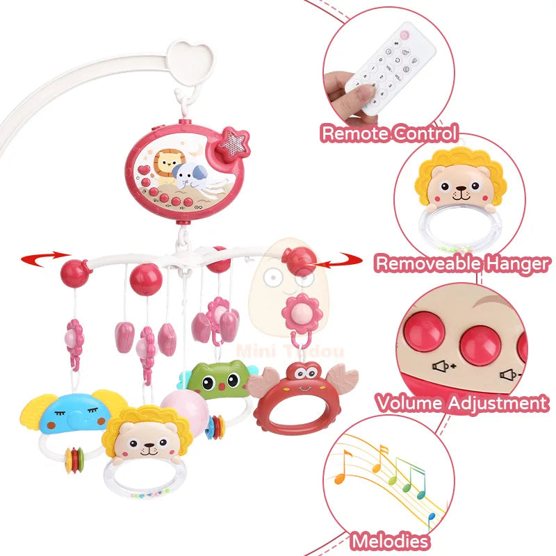 Mobile Musical pour Lit Bébé avec Projecteur Rotatif – Veilleuse, Berceuses et Hochet d'Éveil 0 à 12 Mois