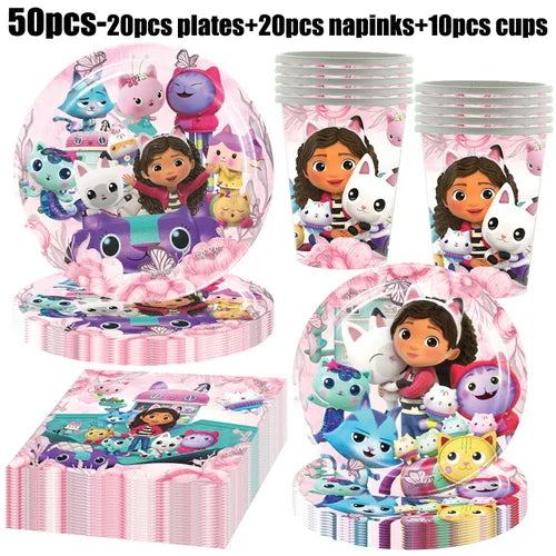 Décoration d'anniversaire Gabby, thème Gabby Dollhouse, vaisselle, assiette, tasse, serviette, nappe, ballon, bannière, toile de fond, fournitures pour fête d'enfants