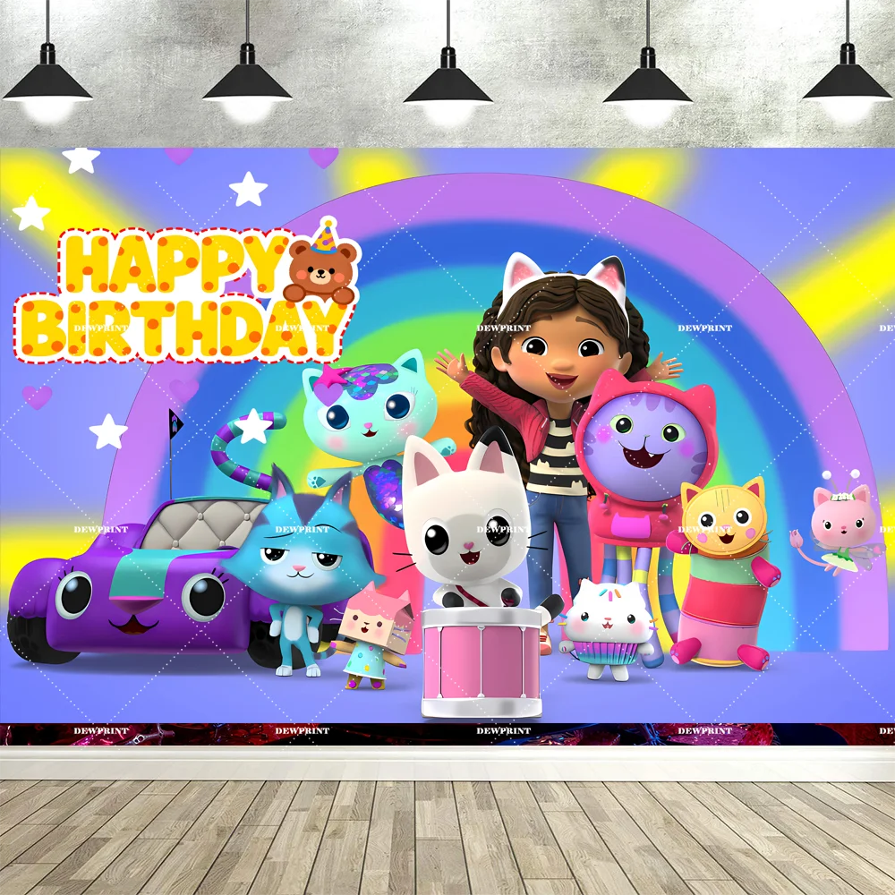 Bannière de fond d'anniversaire Gabby en dessin animé mignon, accessoires de décoration pour fête d'enfants, toile de fond photo, fournitures de photographie