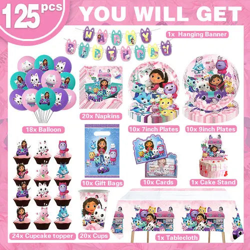 Décoration d'anniversaire Gabby, thème Gabby Dollhouse, vaisselle, assiette, tasse, serviette, nappe, ballon, bannière, toile de fond, fournitures pour fête d'enfants