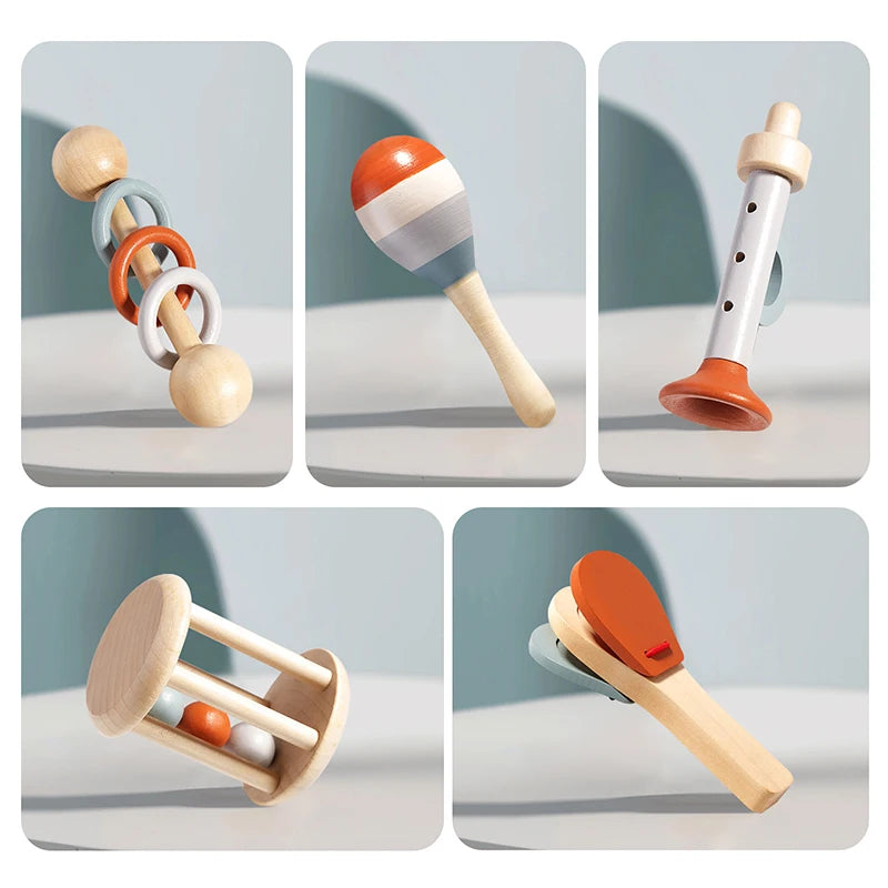 5 pièces bébé Instruments de musique hochet sensoriel jouets déSet de 5 Instruments de Musique Montessori en Bois – Jouets Sensoriels et Éducatifs pour Enfants