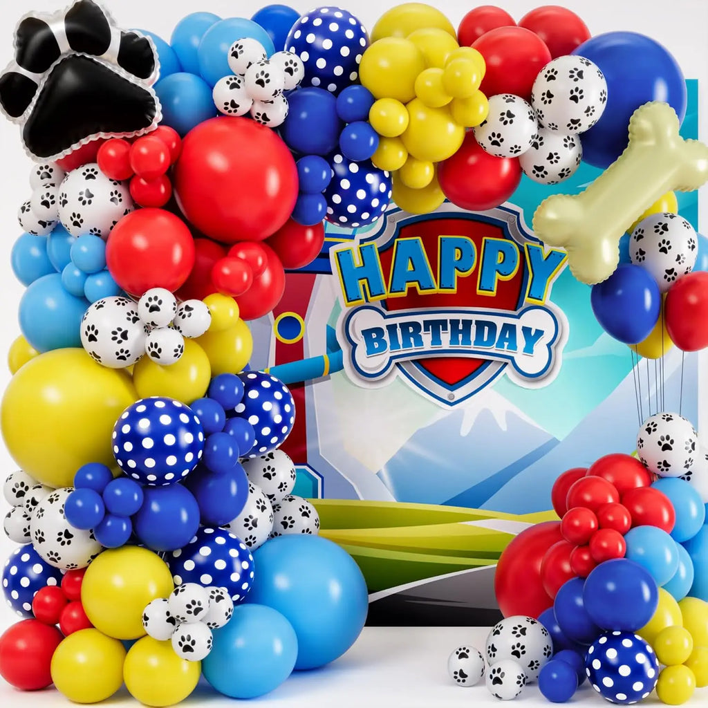 Kit d'arche de guirlande de ballons Patte de Chien et ballons bleus, jaunes et rouges pour décorations d'anniversaire sur le thème de la Patrouille, toile de fond et fournitures de fête