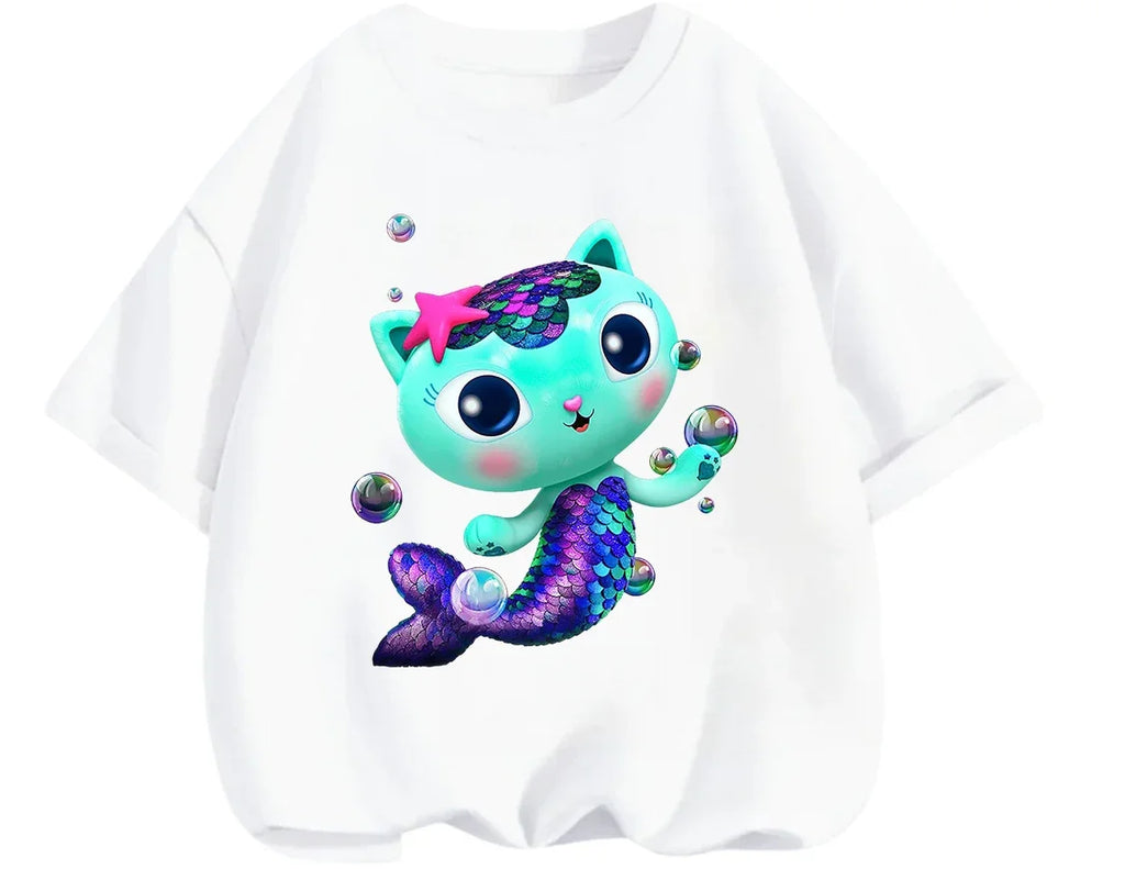 Gabby's Dollhouse T-shirt décontracté d'été à col rond avec imprimé de dessin animé mignon pour enfants de 3 à 14 ans