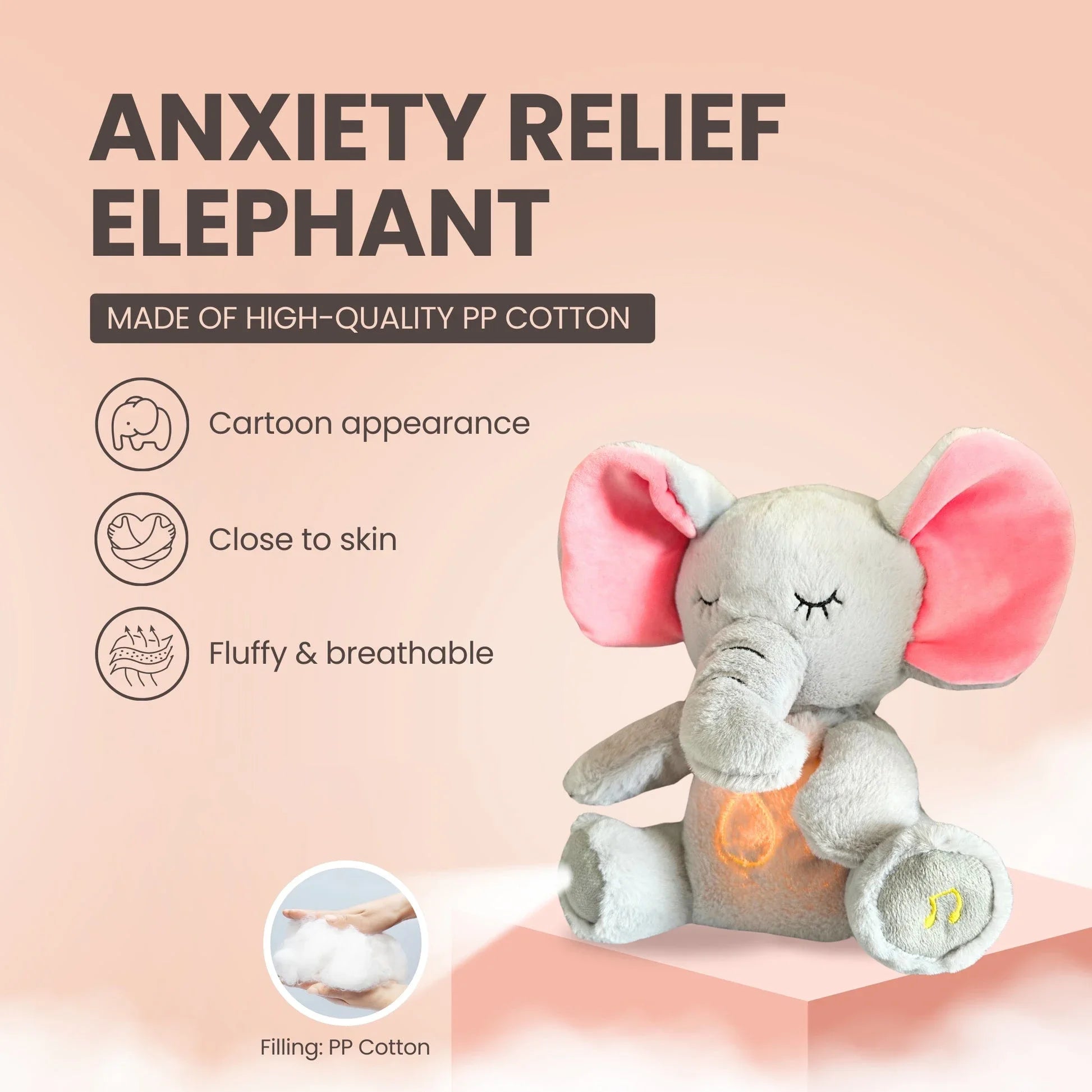 4 Modes bébé respiration apaisant éléphant en peluche poupée jouet comÉléphant Apaisant Respirant 4 Modes – Peluche Réconfortante pour Bébé et Enfant
