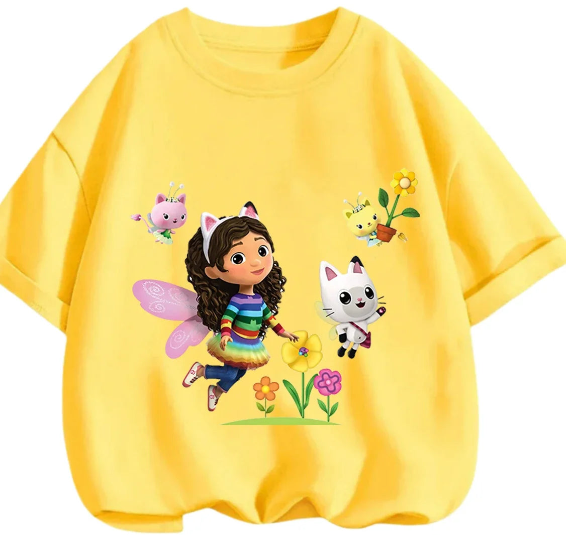 Gabby's Dollhouse T-shirt décontracté d'été à col rond avec imprimé de dessin animé mignon pour enfants de 3 à 14 ans
