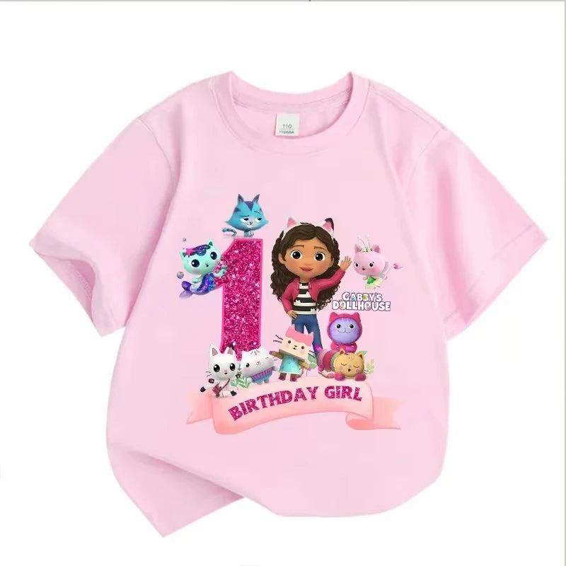 T-shirt d'anniversaire Gabbys Dollhouses pour filles, blanc et rose, à manches courtes, en coton, décontracté, pour l'été, fournitures de fête