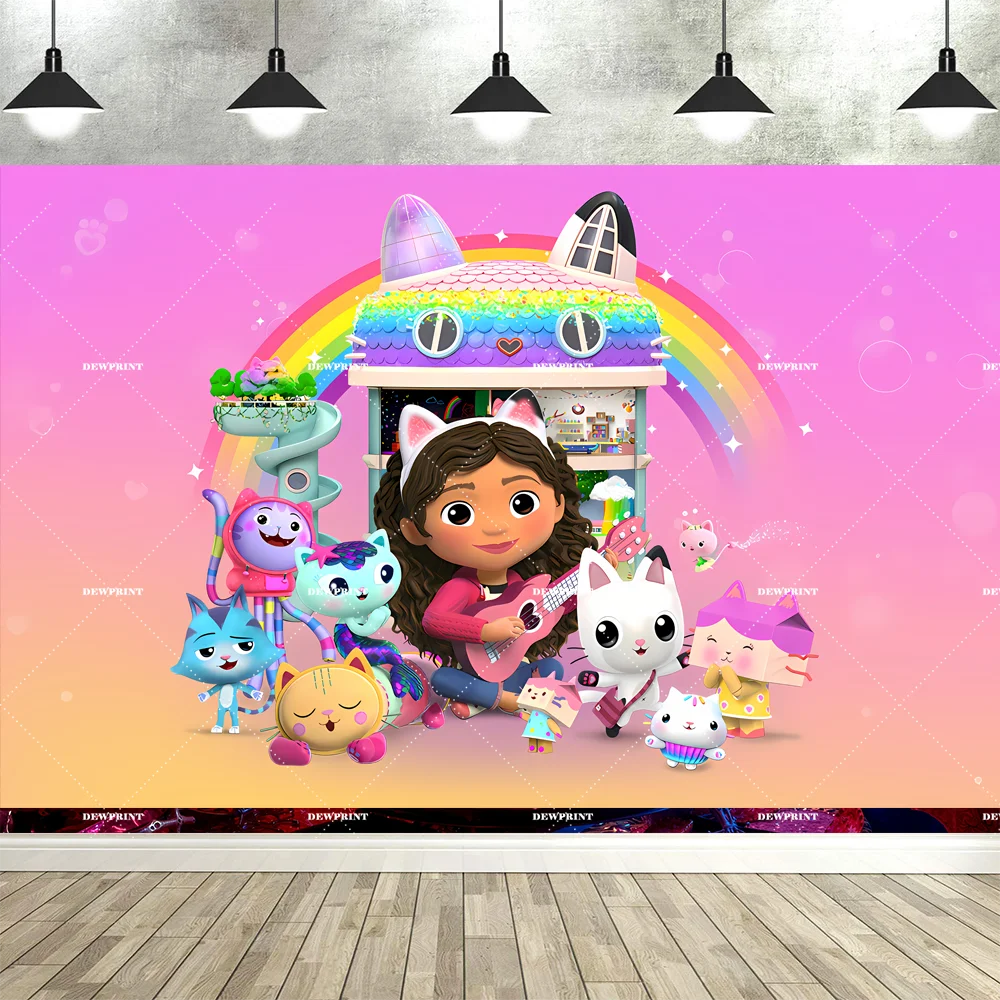 Bannière de fond d'anniversaire Gabby en dessin animé mignon, accessoires de décoration pour fête d'enfants, toile de fond photo, fournitures de photographie