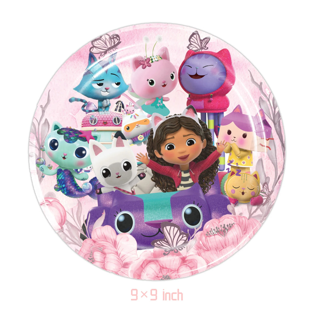 Décoration d'anniversaire Gabby, thème Gabby Dollhouse, vaisselle, assiette, tasse, serviette, nappe, ballon, bannière, toile de fond, fournitures pour fête d'enfants