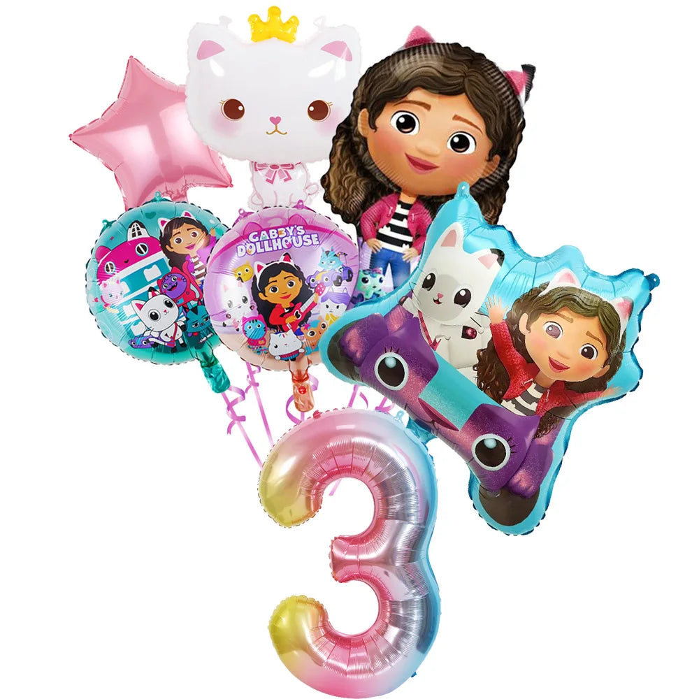 Ensemble de ballons numérotés Gabby Dollhouse Cats, décoration de fête d'anniversaire pour enfants, ballons en latex et aluminium, cadeau jouet pour fille Gabby's Doll
