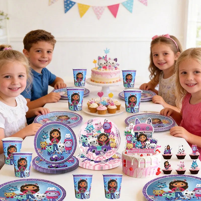 Décoration d'anniversaire Gabby, thème Gabby Dollhouse, vaisselle, assiette, tasse, serviette, nappe, ballon, bannière, toile de fond, fournitures pour fête d'enfants