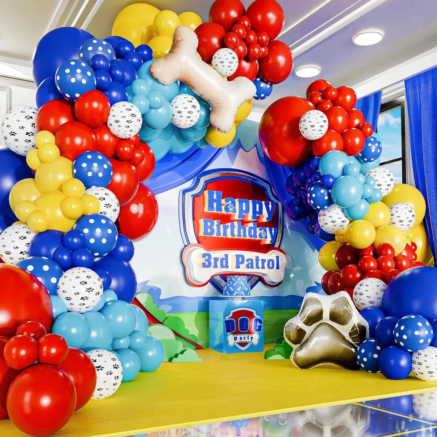 Kit d'arche de guirlande de ballons Patte de Chien et ballons bleus, jaunes et rouges pour décorations d'anniversaire sur le thème de la Patrouille, toile de fond et fournitures de fête