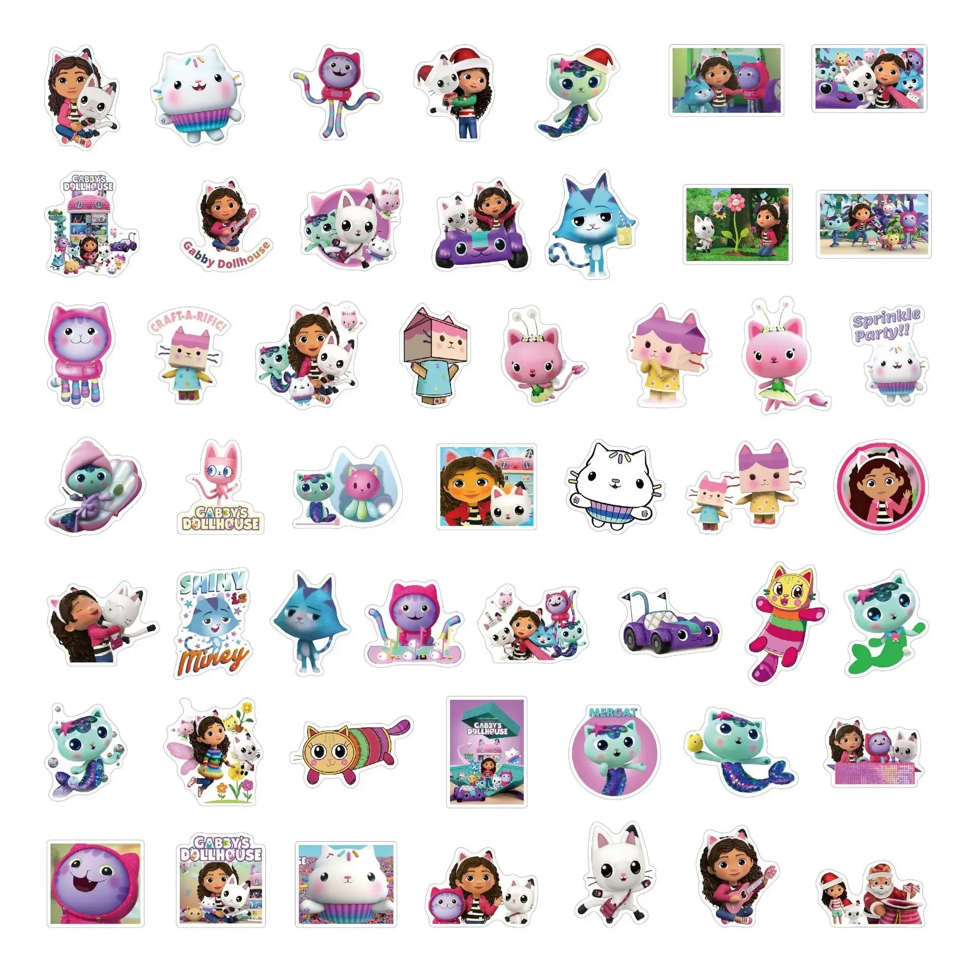 Autocollants de décoration de maison de poupée Gabby, 10 pièces/30 pièces/50 pièces, dessin animé, fournitures de fête d'anniversaire, cadeaux pour enfants garçons et filles, DIY bricolage