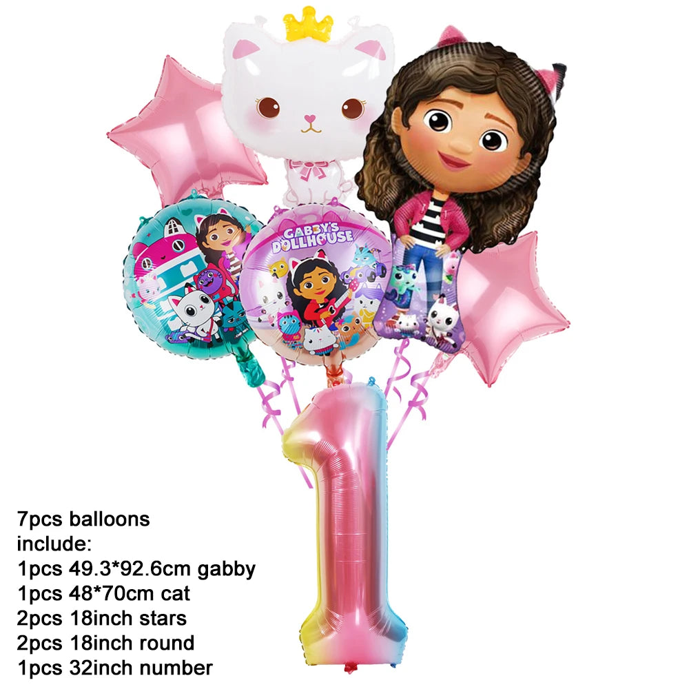 Ensemble de ballons numérotés Gabby Dollhouse Cats, décoration de fête d'anniversaire pour enfants, ballons en latex et aluminium, cadeau jouet pour fille Gabby's Doll