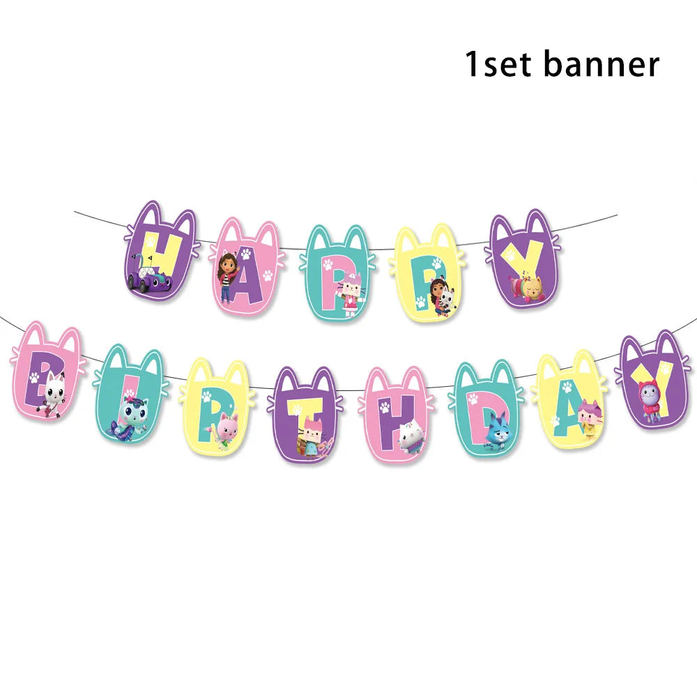 Vaisselle d'anniversaire Gabby Dollhouse, assiette, gobelet et serviette en papier à motif de chat de dessin animé pour les filles, décoration de fête d'anniversaire pour enfants